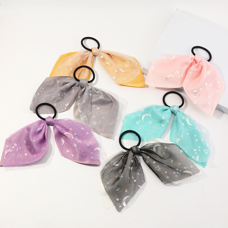 Set di Elastici per Capelli Fluorescenti con Stelle e Luna per Bambine con Dettagli in Nastro in Tessuto Stile Principessa