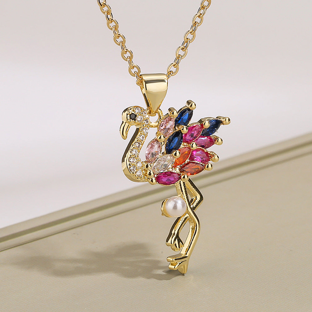 Minimalist Flamingo Pendant Necklace for Women in Copper with Colorful Zircon Inlay