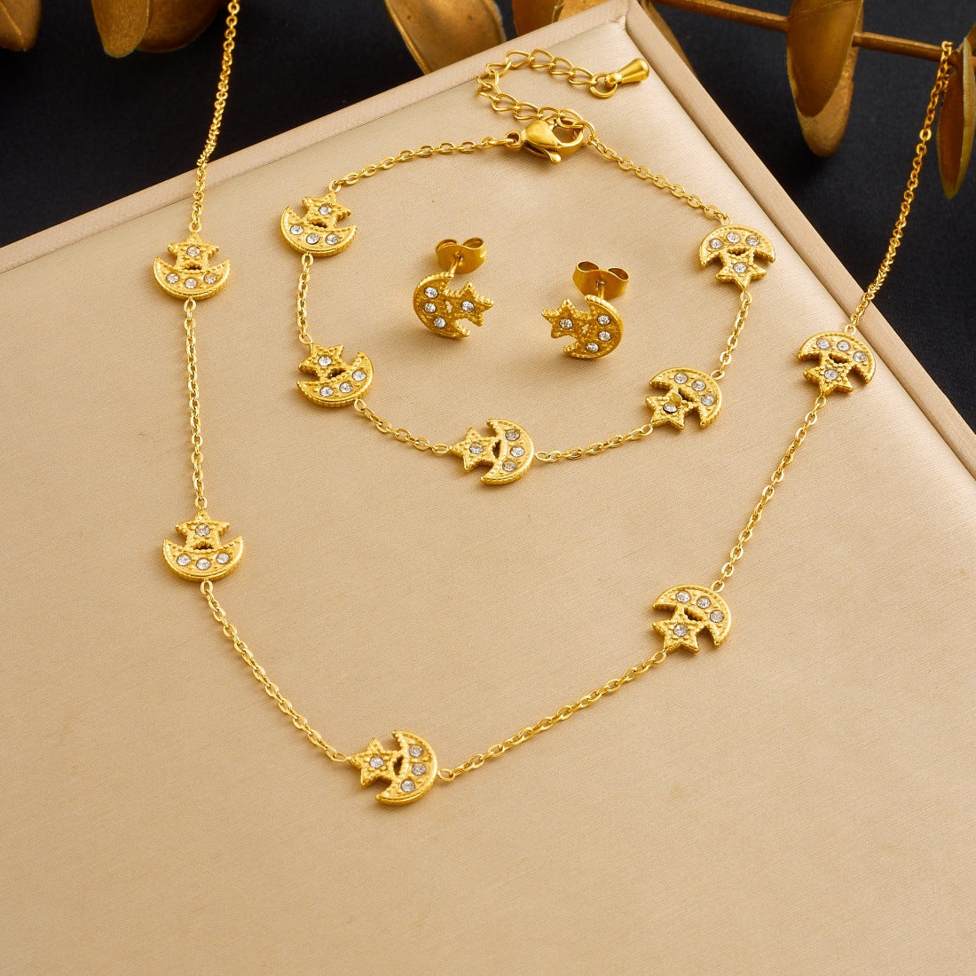 Minimalist Gold Plated Stainless Steel Moon Star Rhinestone Jewelry Set for Women