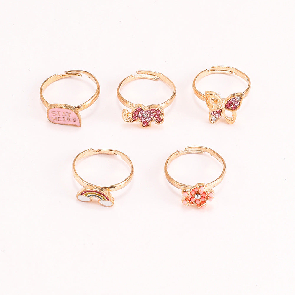 Anello Regolabile per Bambini a Cartone Animato con Farfalla Arcobaleno in Lega con Finitura Smaltata e Intarsio di Strass