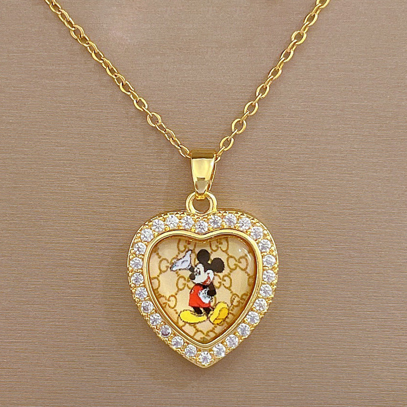 Luxury Full-Rhinestone Mouse Pendant Necklace for Women Stainless Steel Geometric Locket Chain with Natural Moon Motif
