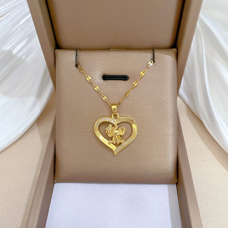 Collar minimalista con colgante de elefante y corazón para mujer y hombre, de acero inoxidable, delicada cadena para clavícula con detalles de diamantes de imitación