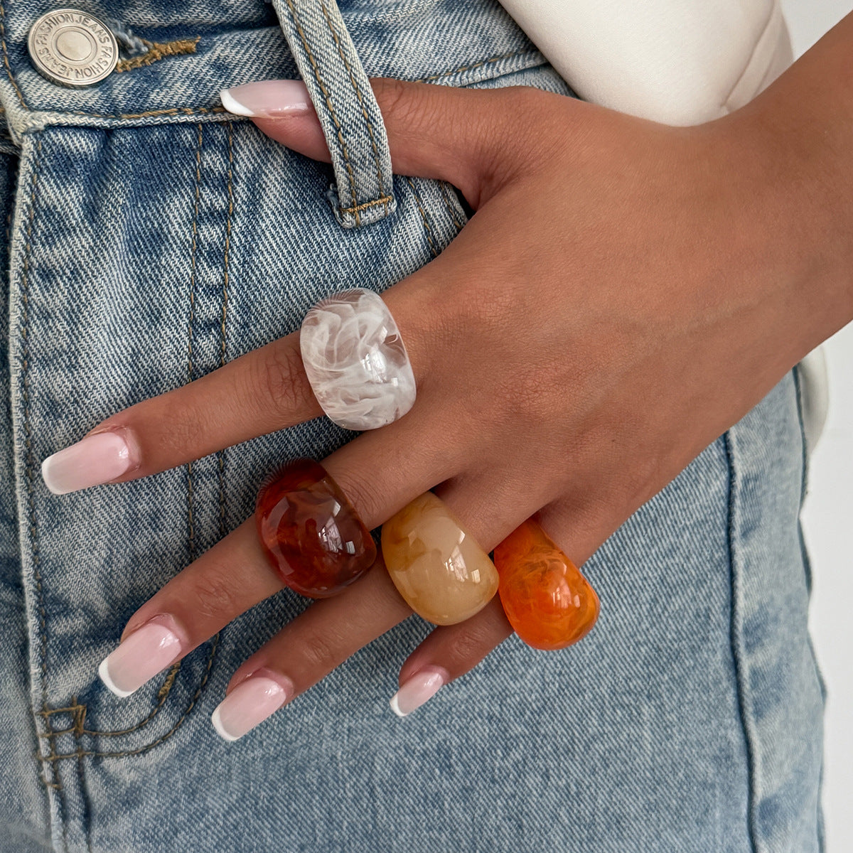 Gradient Geometric Oval Resin Ring for Women Stackable Wide Band
