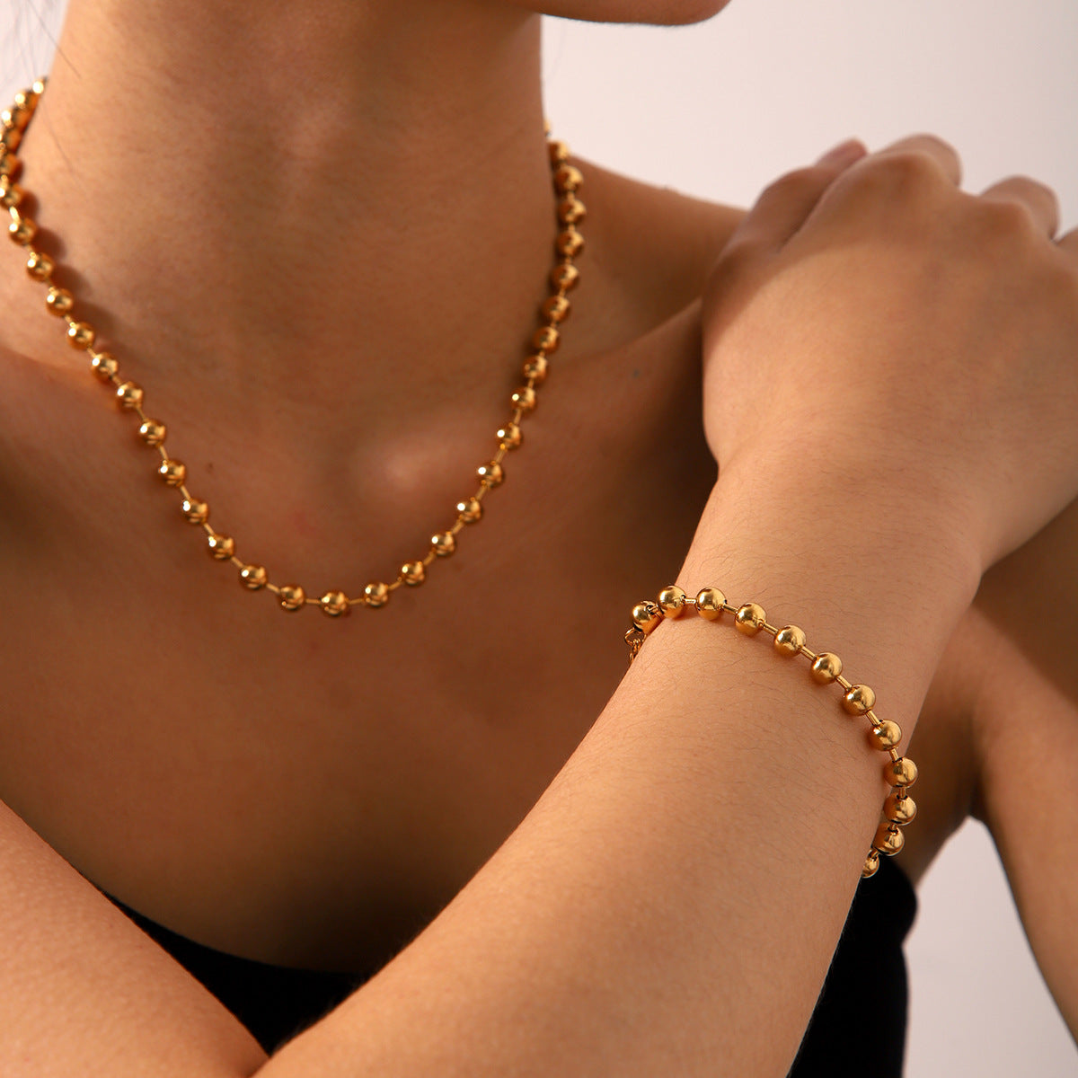 Minimalist Geometric Stainless Steel Beaded Necklace and Bracelet Set for Women with Plated Finish