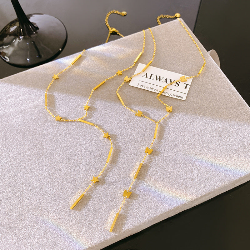 Sweet Mini Butterfly and Star Tassel Titanium Steel Necklace