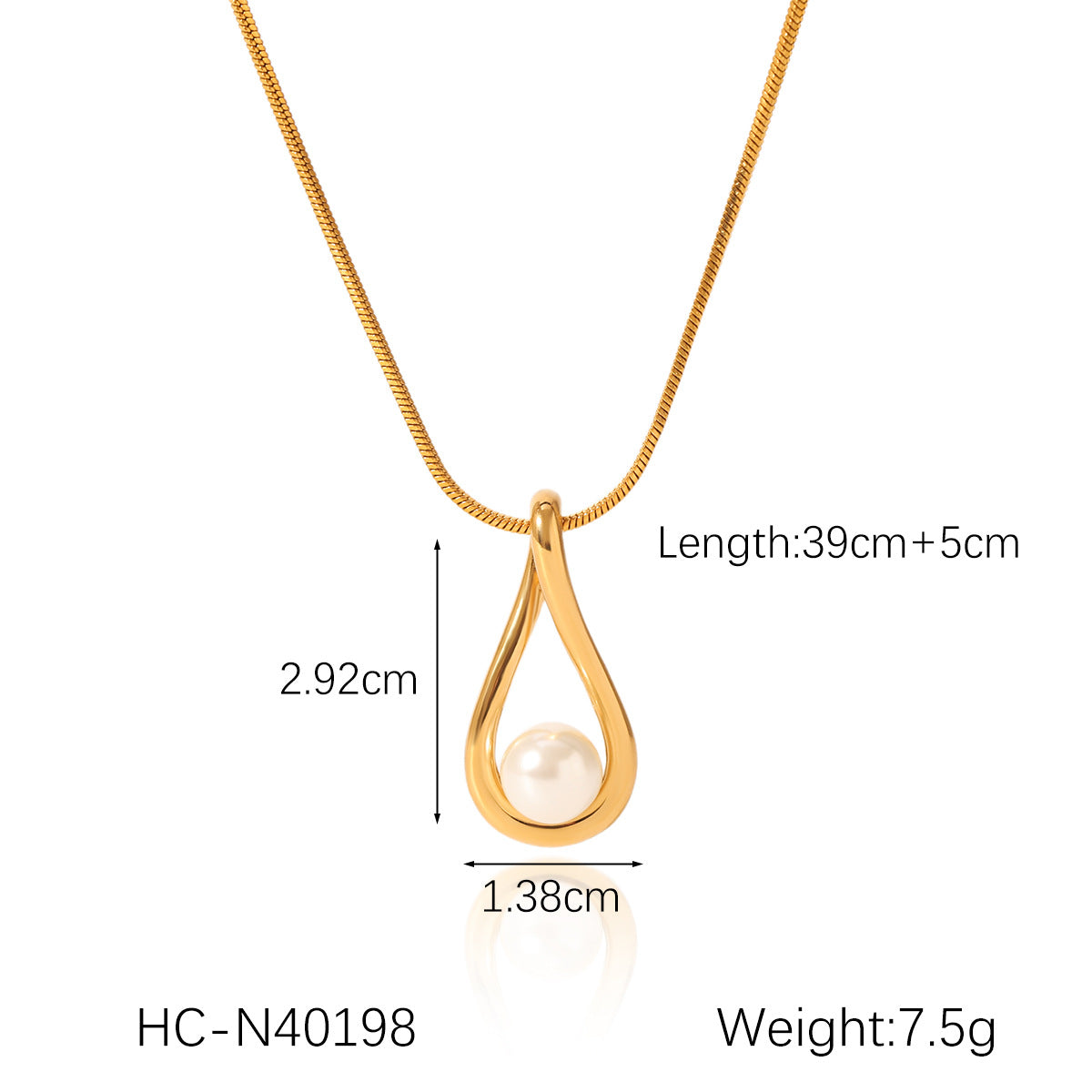 Collana da donna a pendente minimalista a goccia in acciaio inossidabile con intarsio di perle e finitura placcata su catena a serpente