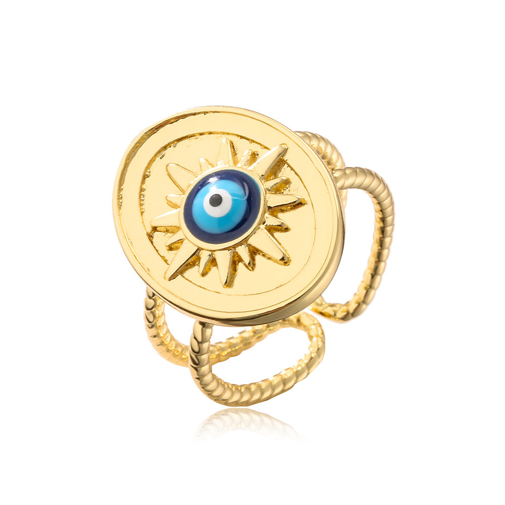 Geometric Open Ring for Women with Copper Base Plated in Real Gold and Enamel Evil Eye Design