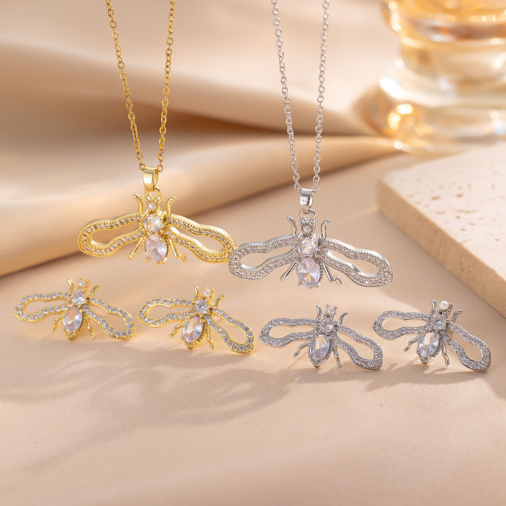 Luxury Style Cartoon Character Pendant Necklace Set with Gold Plated Copper and Micro-Paved Zirconia on O-Chain