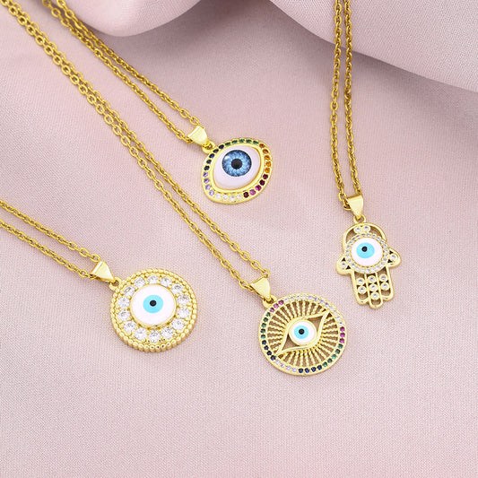 Elegante Collar con Colgante en Forma de Ojo para Mujer de Cobre con Baño de Oro de 18K y Circonitas Micro-Pavé en Cadena de Acero de Titanio