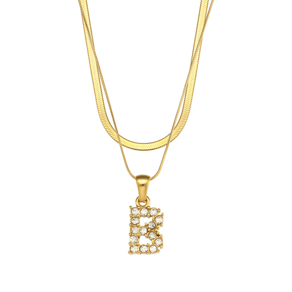 Fashionable Minimalist Letter Pendant Necklace in Stainless Steel with 18K Gold Plating and Cubic Zirconia on Double Snake Chain for Women