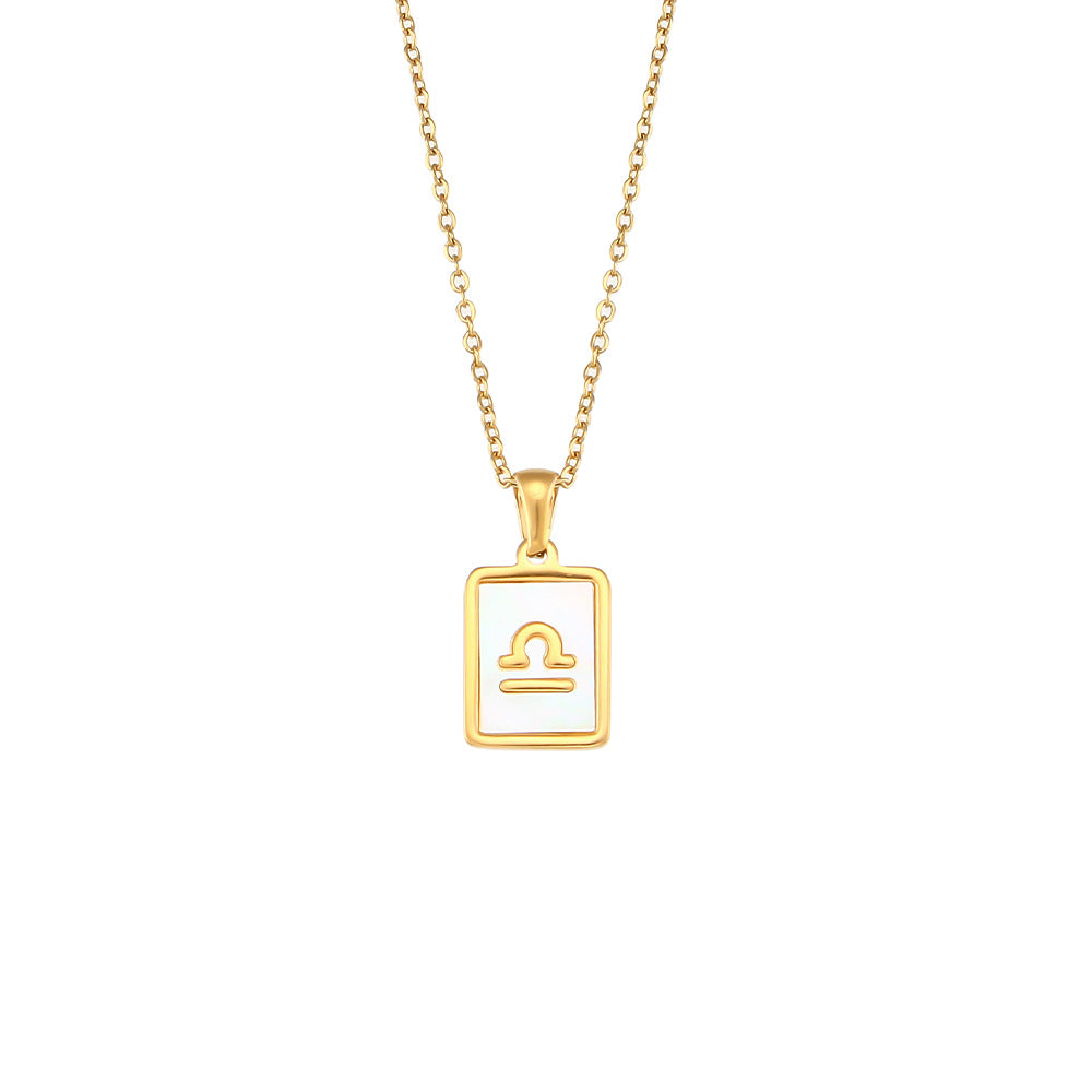 Collana con ciondolo segno zodiacale alla moda da donna con catena in acciaio inossidabile e intarsio in conchiglia naturale a forma di quadrato geometrico