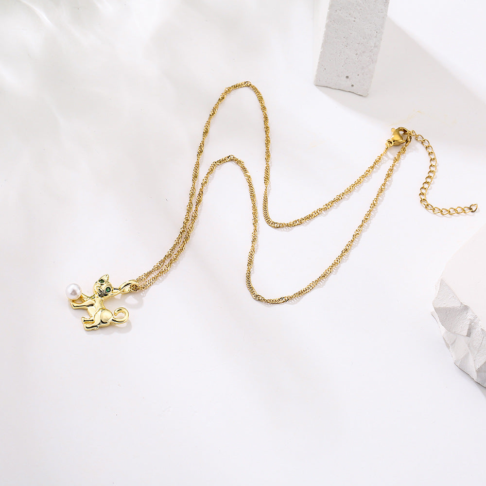 Sweet Cute Cat Pendant Necklace for Women in Copper with 18K Gold Plating and Zircon Inlay, Geometric Design Clavicle Chain