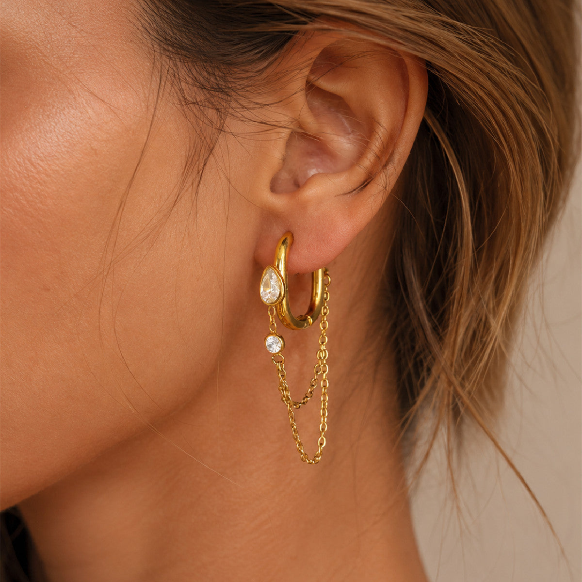 Minimalist Geometric Teardrop PVD Stainless Steel Chain Rhinestone Drop Earrings for Women
