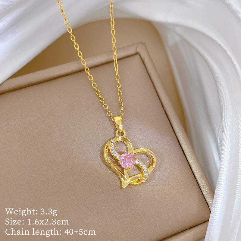Ciondolo a Cuore in Stile Cartone Animato in Rame con Intarsio di Strass su Collana a Catena a "O" Placcata in Acciaio al Titanio per Donna e Uomo