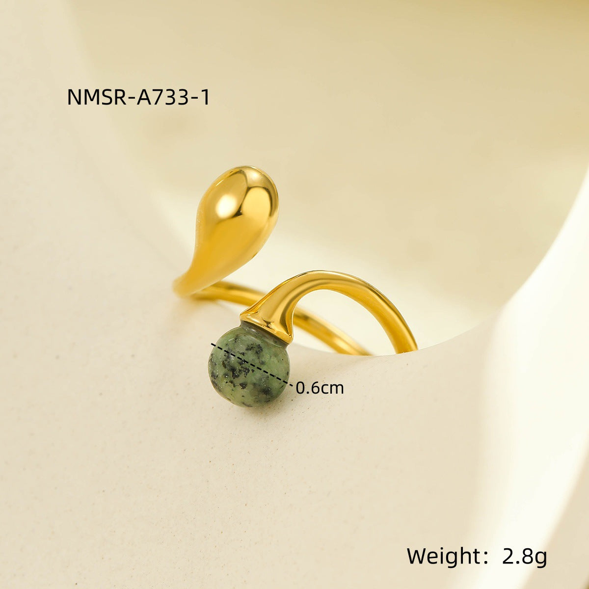 Anello Aperto Geometrico Minimalista in Acciaio Inossidabile con Intarsio in Pietra Naturale, Gioiello di Moda Ipoallergenico Placcato Oro 18K da Donna