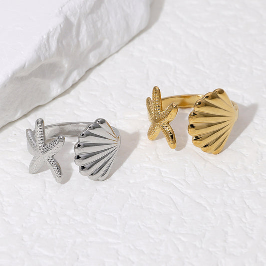 Anello Aperto Regolabile in Acciaio Inossidabile con Stella Marina Minimalista e Conchiglia per Donna Stile Vacanza al Mare