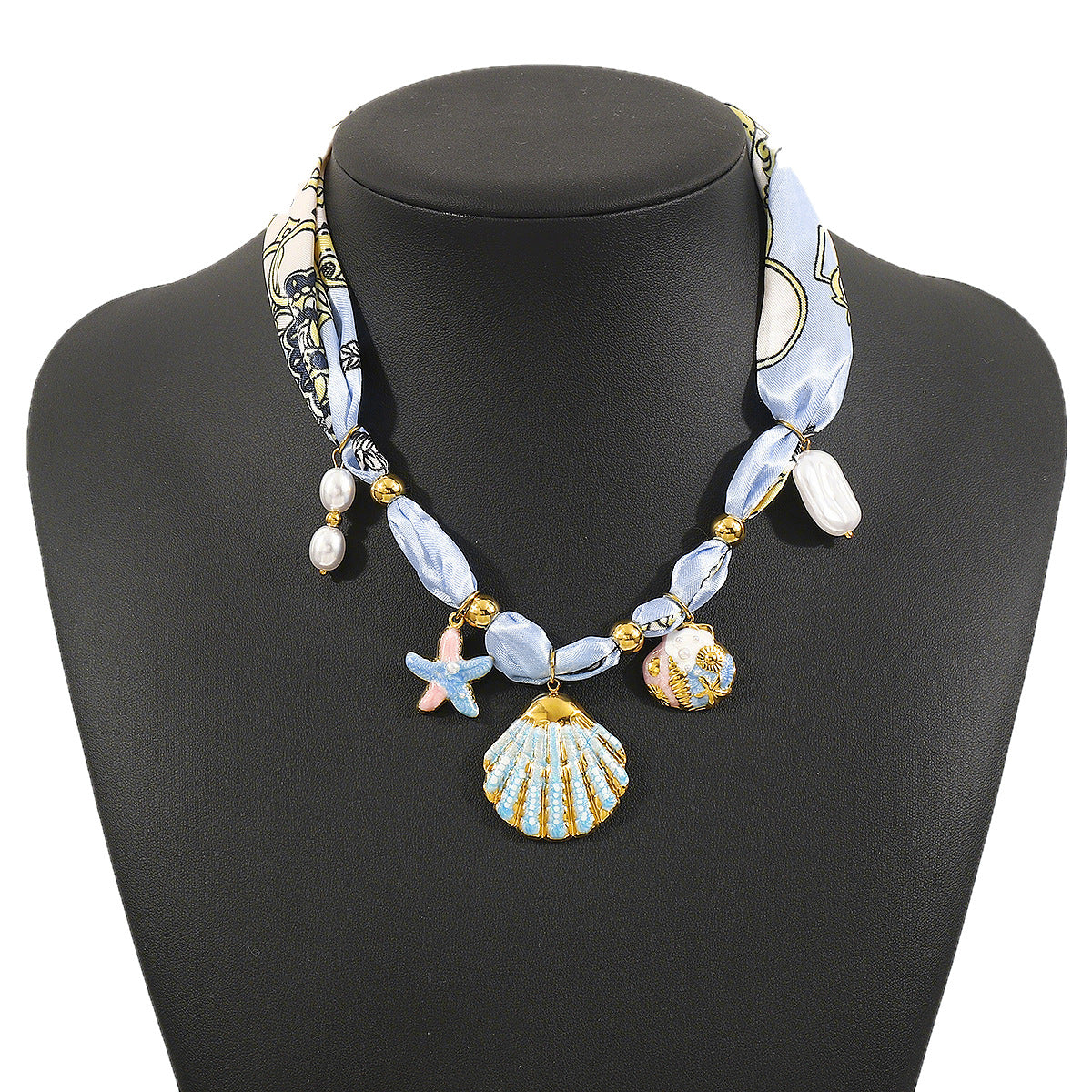 Collar colgante de cerámica floral artística con cinta de satén y cadena de acero inoxidable para mujer