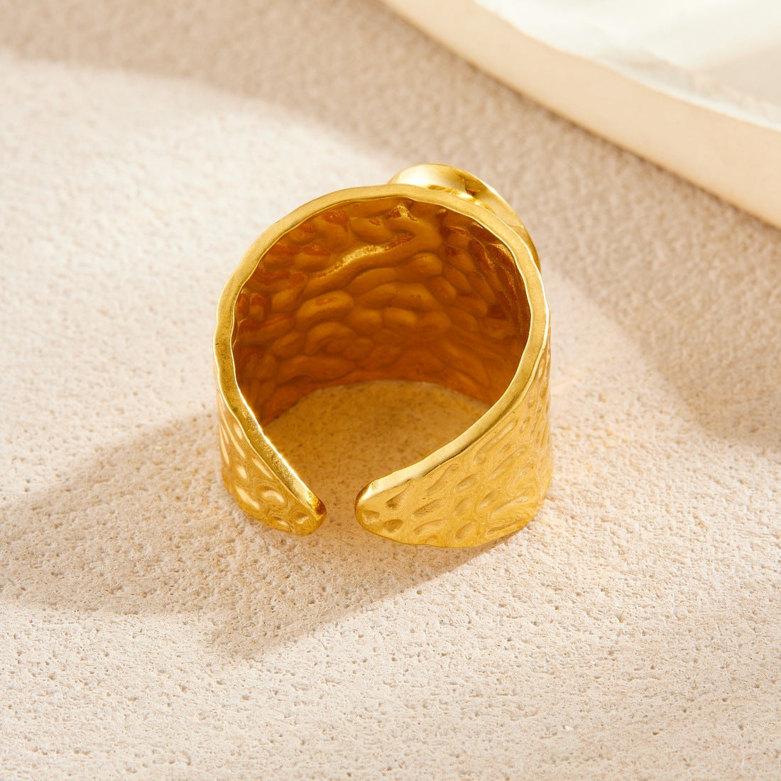 Vintage Gold Plated Stainless Steel Oval Geometric Gemstone Inlay Wide Band Ring