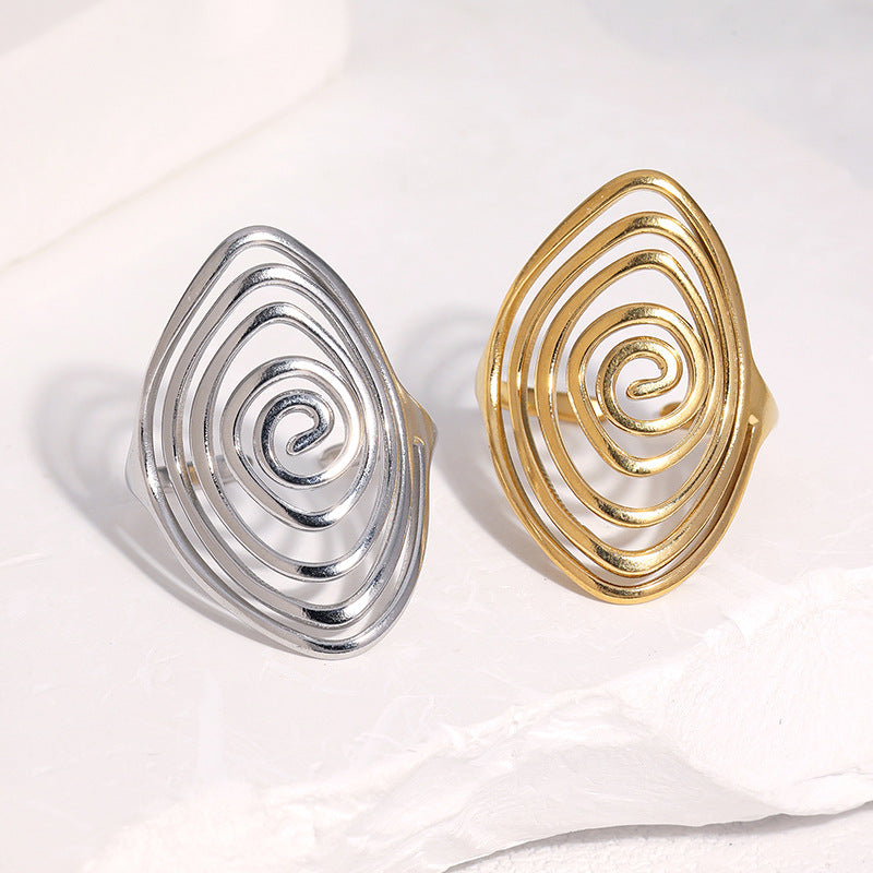 Minimalist Geometric Gold Plated Stainless Steel Open Ring with Spiral Line Design