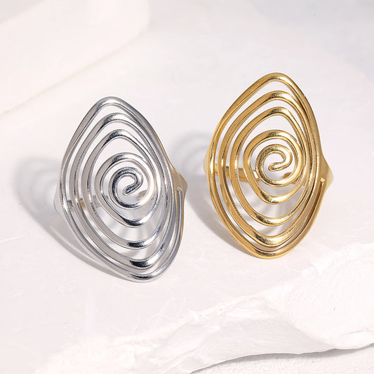 Minimalist Geometric Gold Plated Stainless Steel Open Ring with Spiral Line Design