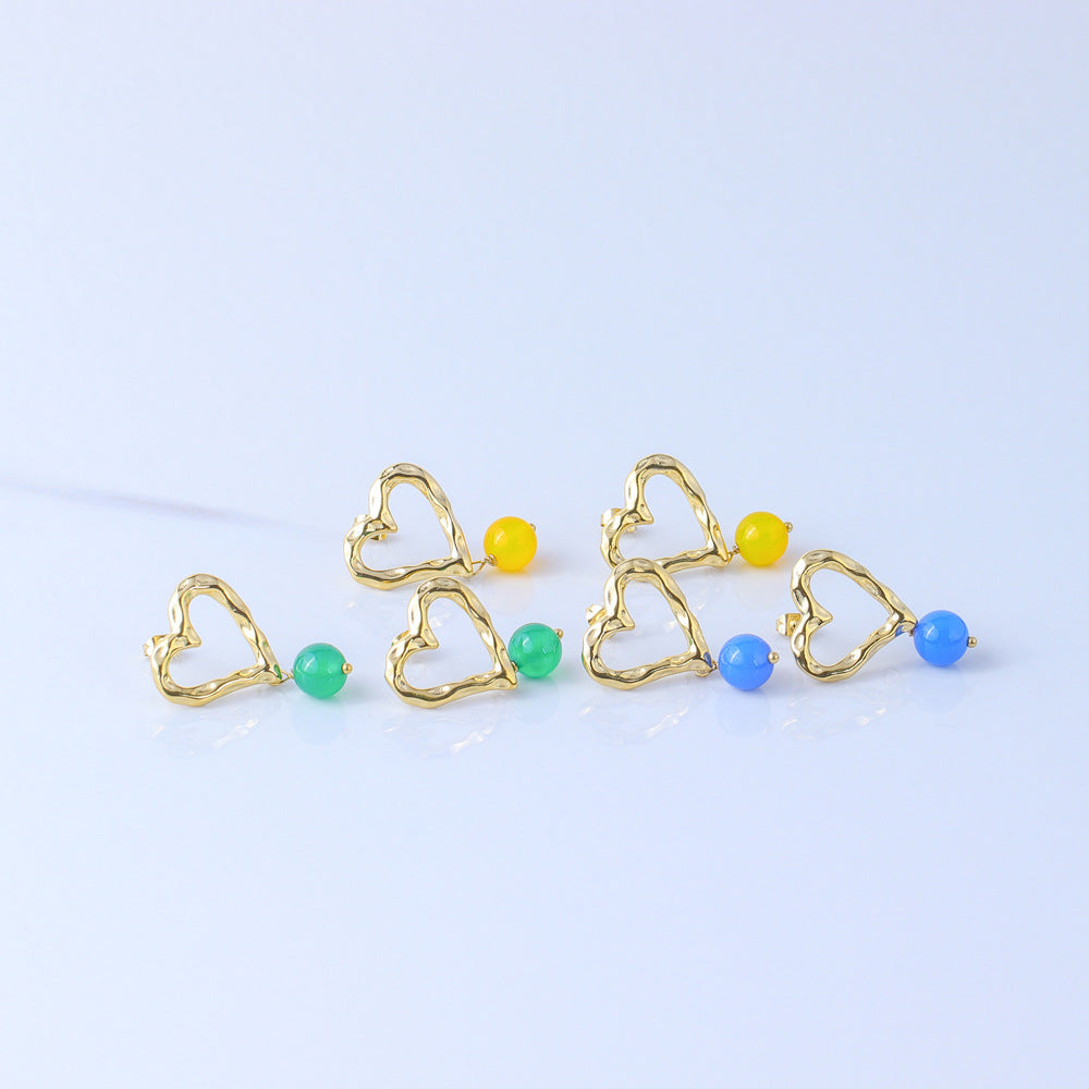 Fashionable Irregular Hollow Heart-Shaped Titanium Steel Earrings with Blue Agate Inlay and 18K Gold Plating for Women