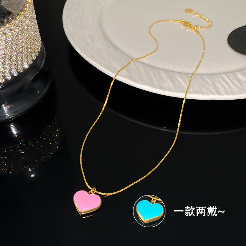 Sweet Streetwear Pink Blue Two-Tone Heart Titanium Steel Plated Necklace for Unisex