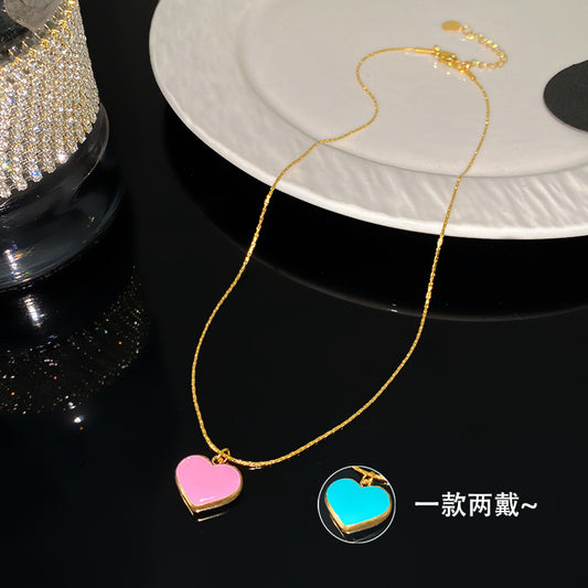 Sweet Streetwear Pink Blue Two-Tone Heart Titanium Steel Plated Necklace for Unisex
