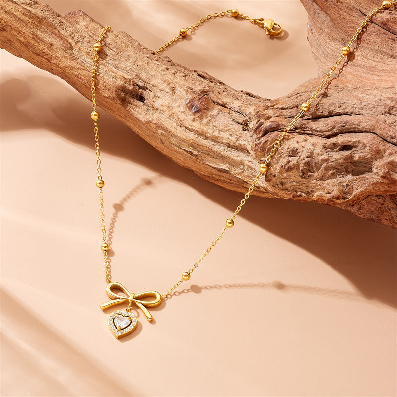 Luxury Office Chic Stainless Steel Rhinestone Heart and Bow Pendant Necklace Box Chain