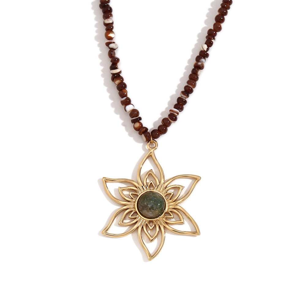 Collana Pendente Floreale Vintage in Acciaio Inossidabile con Placcatura in Oro 18K, Dettaglio in Pietra Naturale Fatto a Mano, Gioielli Quotidiani da Donna