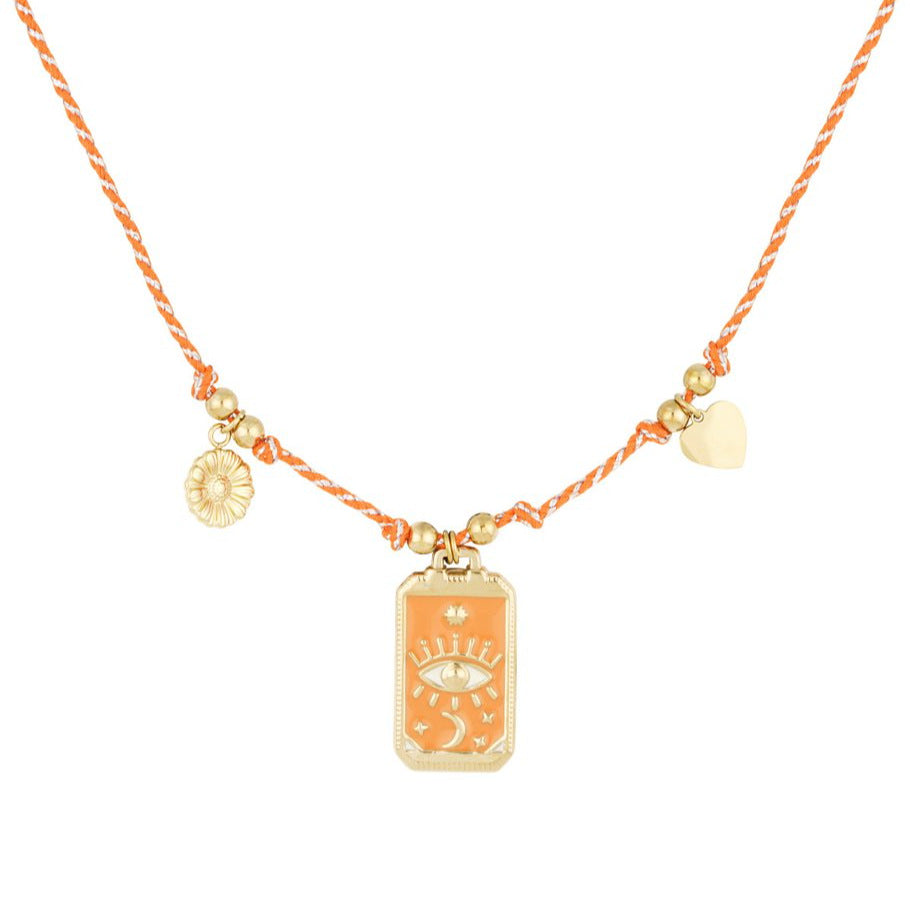 Vintage Geometric Evil Eye Tarot Pendant Necklace in Plated Copper with Colorful Enamel Detail for Women