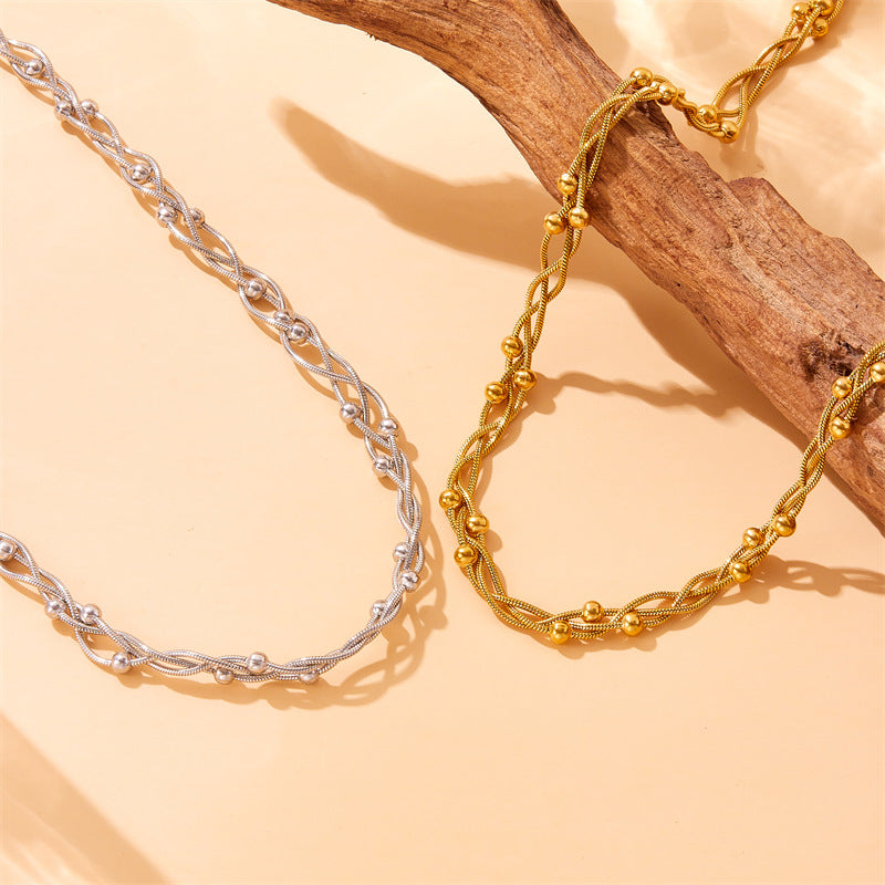 Collar de Cuerda Cruzado de Acero Inoxidable con Baño de Oro Estilo Minimalista Chic para Mujer