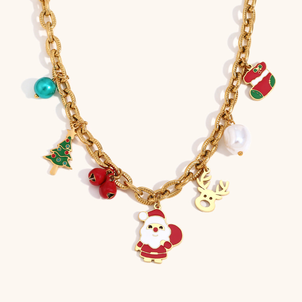 Collar con colgante de Papá Noel de Navidad a la moda para mujer con cadena de acero inoxidable y dije de campana de acero de titanio chapado en oro de 18 quilates
