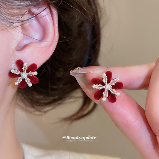 Elegant Floral Pearl Stud Earrings with Zircon Inlay in Stainless Steel for Women