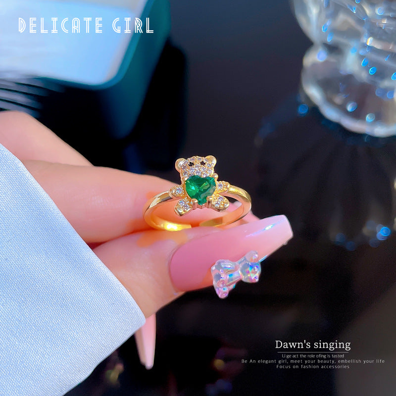 Minimalist Bear-Shaped Brass Ring with Zircon Inlay for Women Adjustable Finger Ring