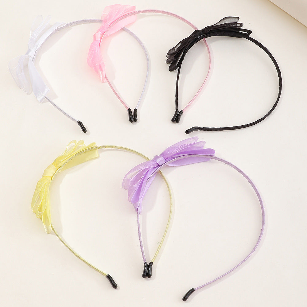 Cute Children's Hairband Set with Bow Design in Solid Color Mesh Fabric for Girls, Princess Style Headband Collection