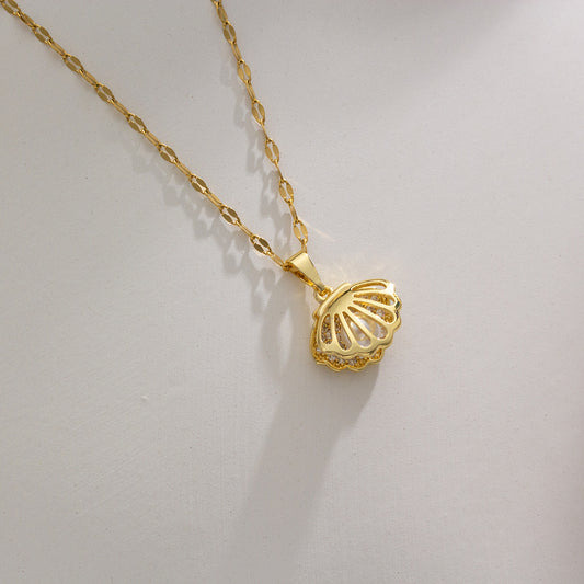 Minimalist Floral Shaped Titanium Steel Necklace with Hollow Shell Pendant, Gold-Plated Copper Charm, Cubic Zirconia Inlay, O-Chain, Unisex Luxury Design