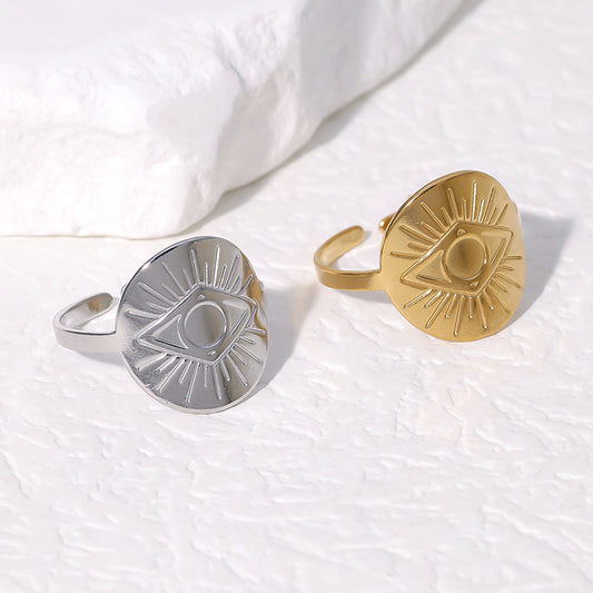 Anello Aperto Minimalista Geometrico Occhio di Allah per Donna in Acciaio al Titanio Placcato