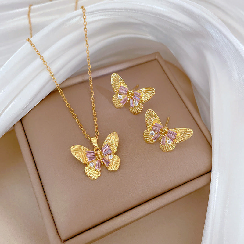 Luxury Plated Titanium Steel Butterfly Geometric Necklace and Earrings Set for Women