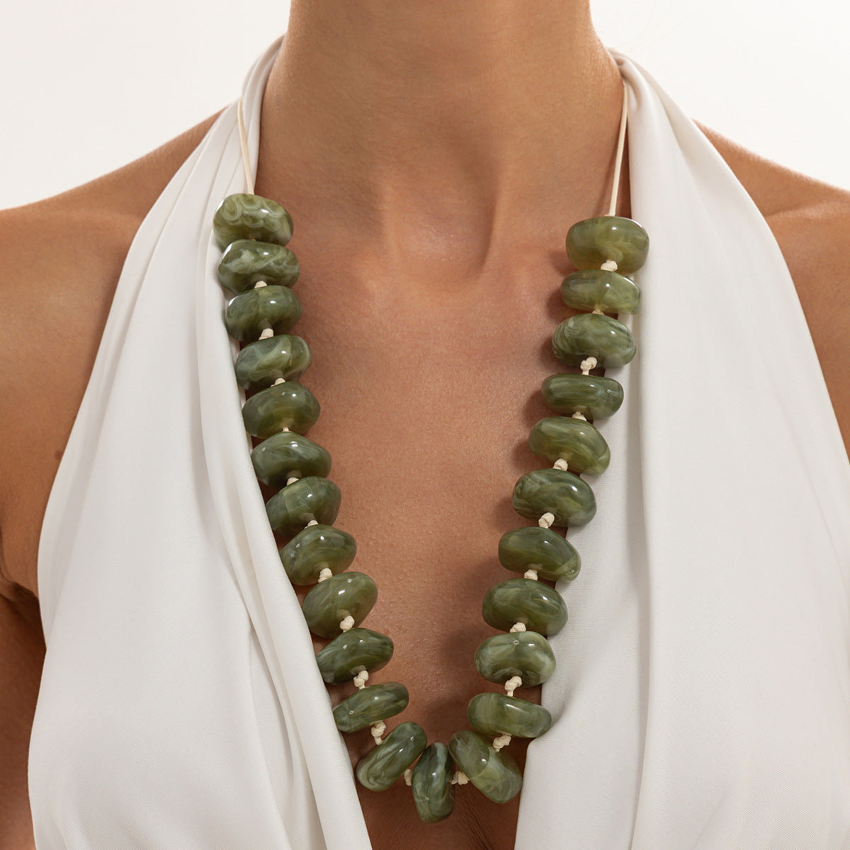 Bohemian Geometric Gradient Acrylic Beaded Necklace Adjustable Wax Cord Women's Jewelry