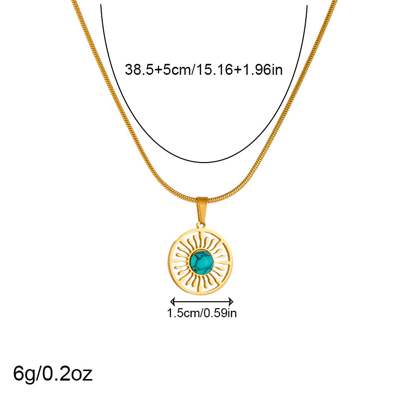 Set di Collana e Orecchini con Ciondolo Rotondo Geometrico Minimalista Vintage Turchese con Catena in Acciaio Inossidabile Placcato Oro