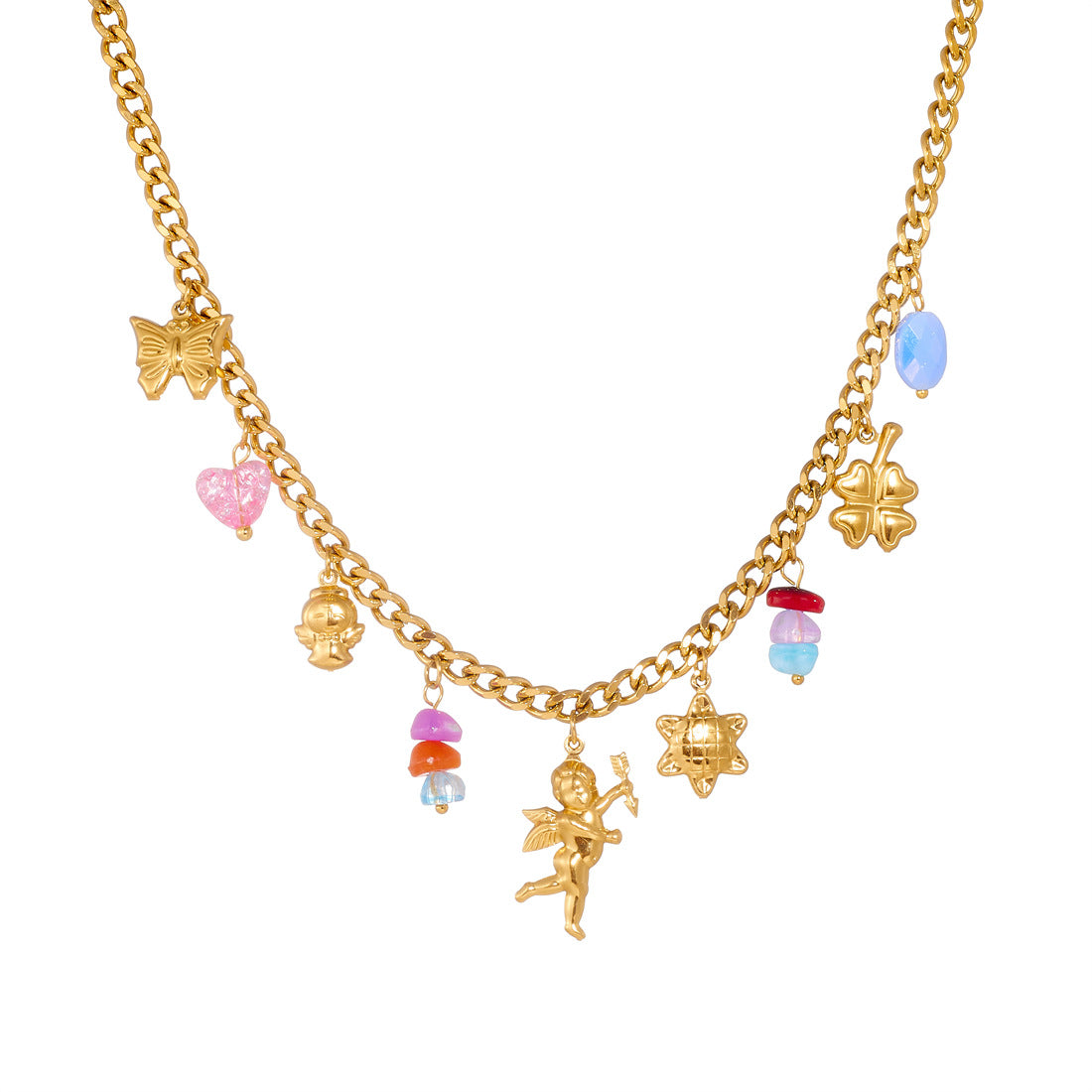 Cute Cartoon Gold Plated Stainless Steel Butterfly Flower Angel Pendant Jewelry Set for Women