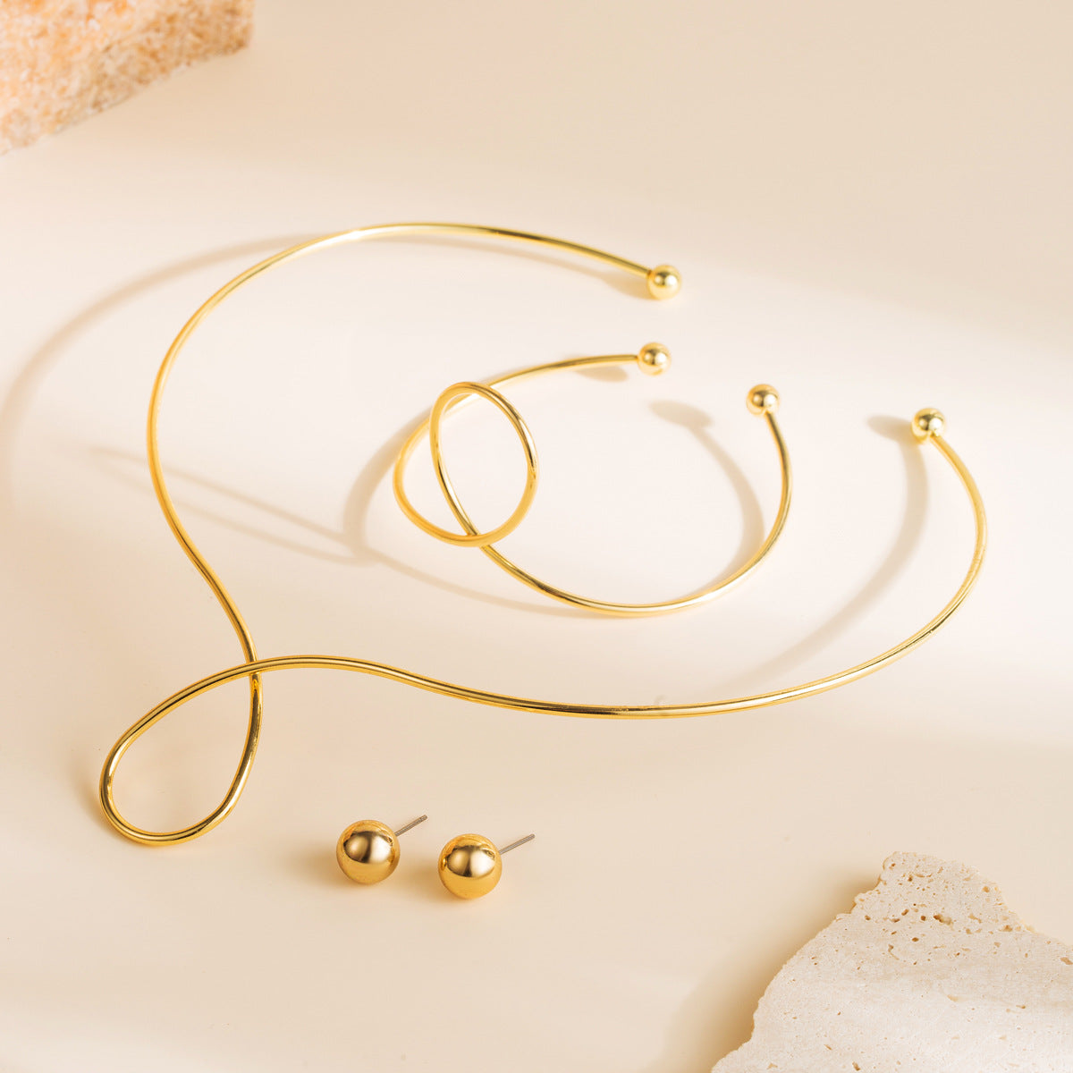Set di bracciale girocollo e orecchini in metallo geometrico da donna con finitura galvanica, gioielli di moda minimalisti