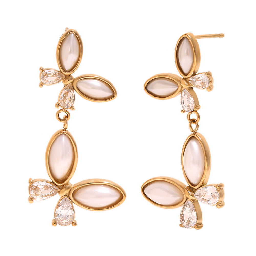 Pendientes Mariposa de Acero Inoxidable con Chapado en Oro de 18K, Perlas de Agua Dulce y Circonitas Cúbicas, Inspirados en el Estilo Vintage