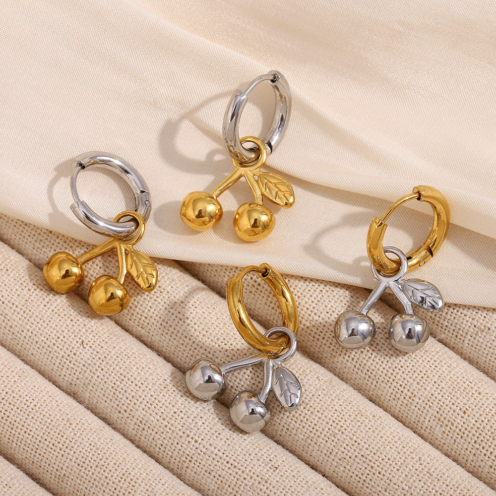 Orecchini in acciaio inossidabile a forma di ciliegia con placcatura in oro 18 carati per donne, design alla moda minimalista e adatto per l'ufficio