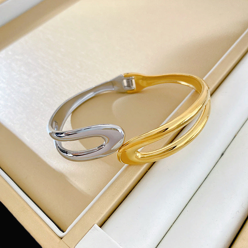 Minimalist Two-Tone Geometric Round Open Cuff Titanium Steel Bracelet