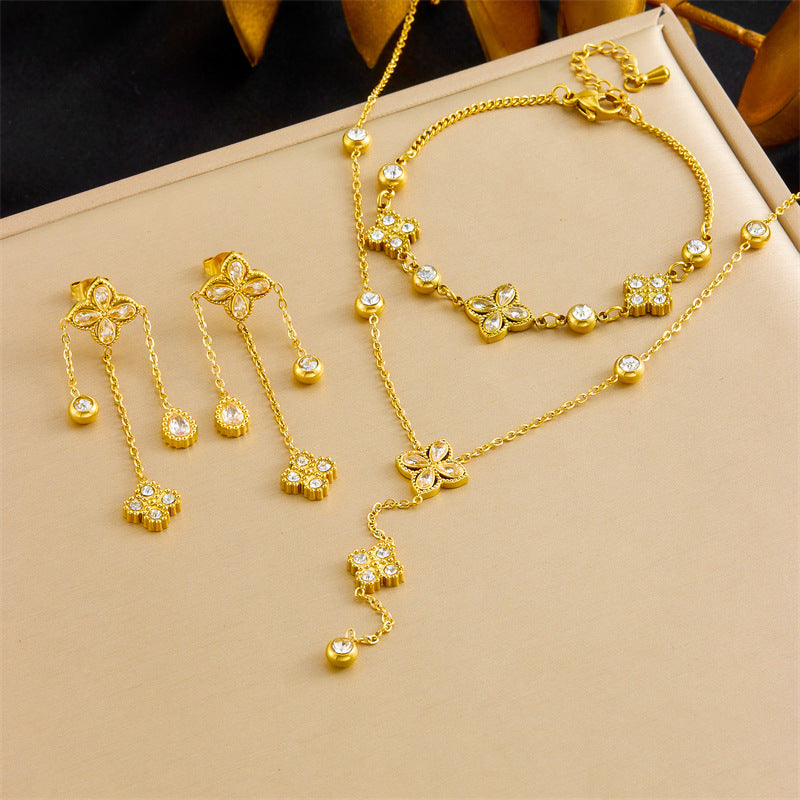 Elegant Rhinestone Inlaid Four-Petal Flower Tassel Stainless Steel Jewelry Set for Women