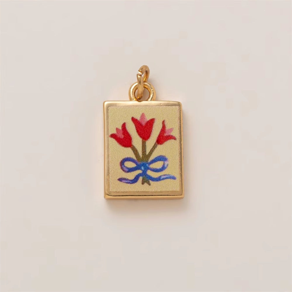 Vintage Sweet Hand-Painted Floral Heart Enamel Brass Shoe Charm
