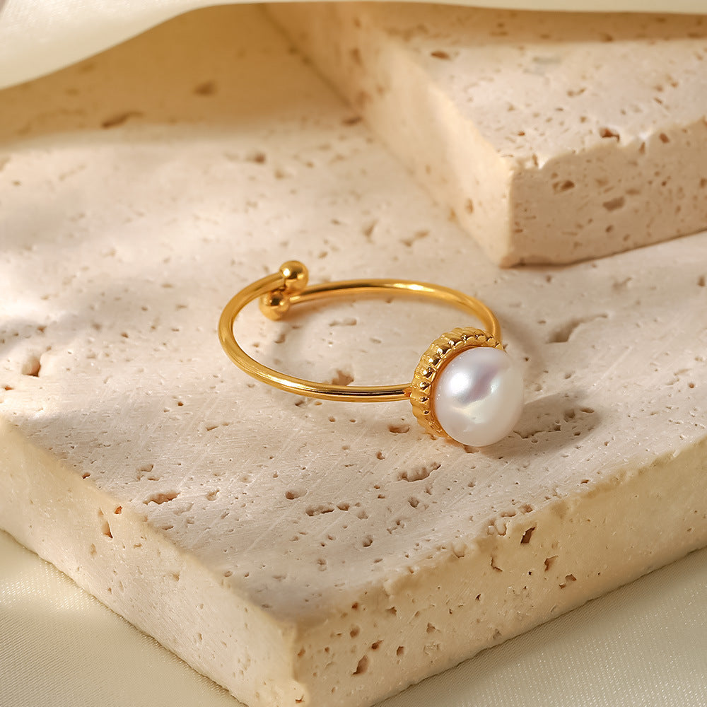Anello Regolabile in Acciaio Inossidabile con Perle d'Acqua Dolce e Design Geometrico Placcato Oro 18K da Donna