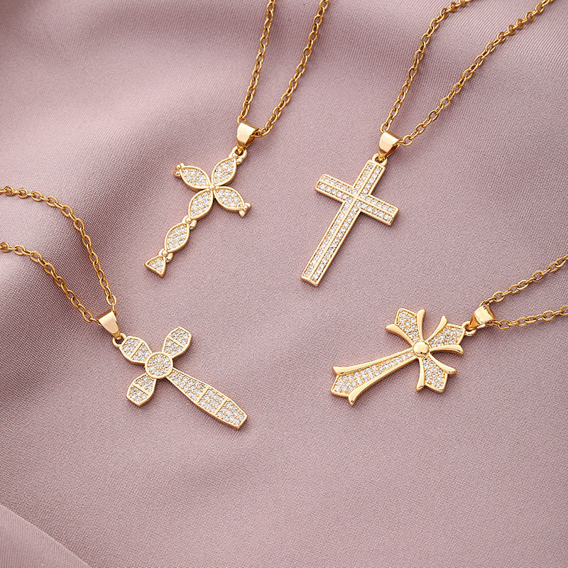 Collar Minimalista de Cobre con Colgante de Cruz e Incrustaciones de Pedrería en Cadena O para Uso Unisex