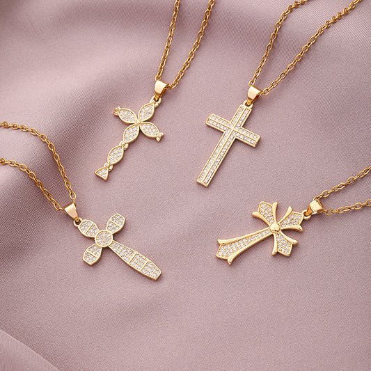 Collana minimalist in rame a croce con intarsi in strass su catena a O, unisex